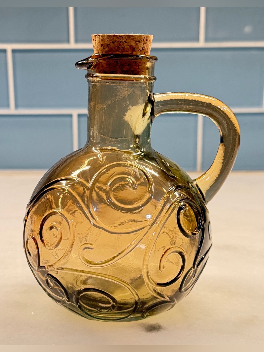 Vintage Amber Olive Glass Cruet Cork Stopper Raised Swirl Scroll Oil Vinegar